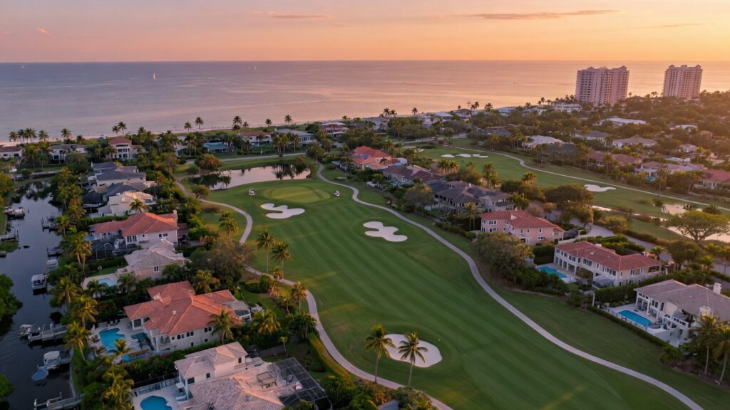Ultra-realistic 8K aerial view of luxury homes surrounding a pristine golf course in Pelican Bay Naples Florida at golden hour with ocean visible in background