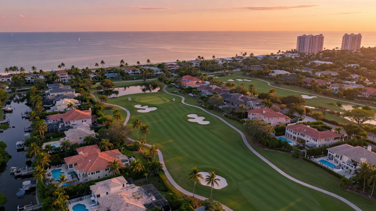 Ultra-realistic 8K aerial view of luxury homes surrounding a pristine golf course in Pelican Bay Naples Florida at golden hour with ocean visible in background