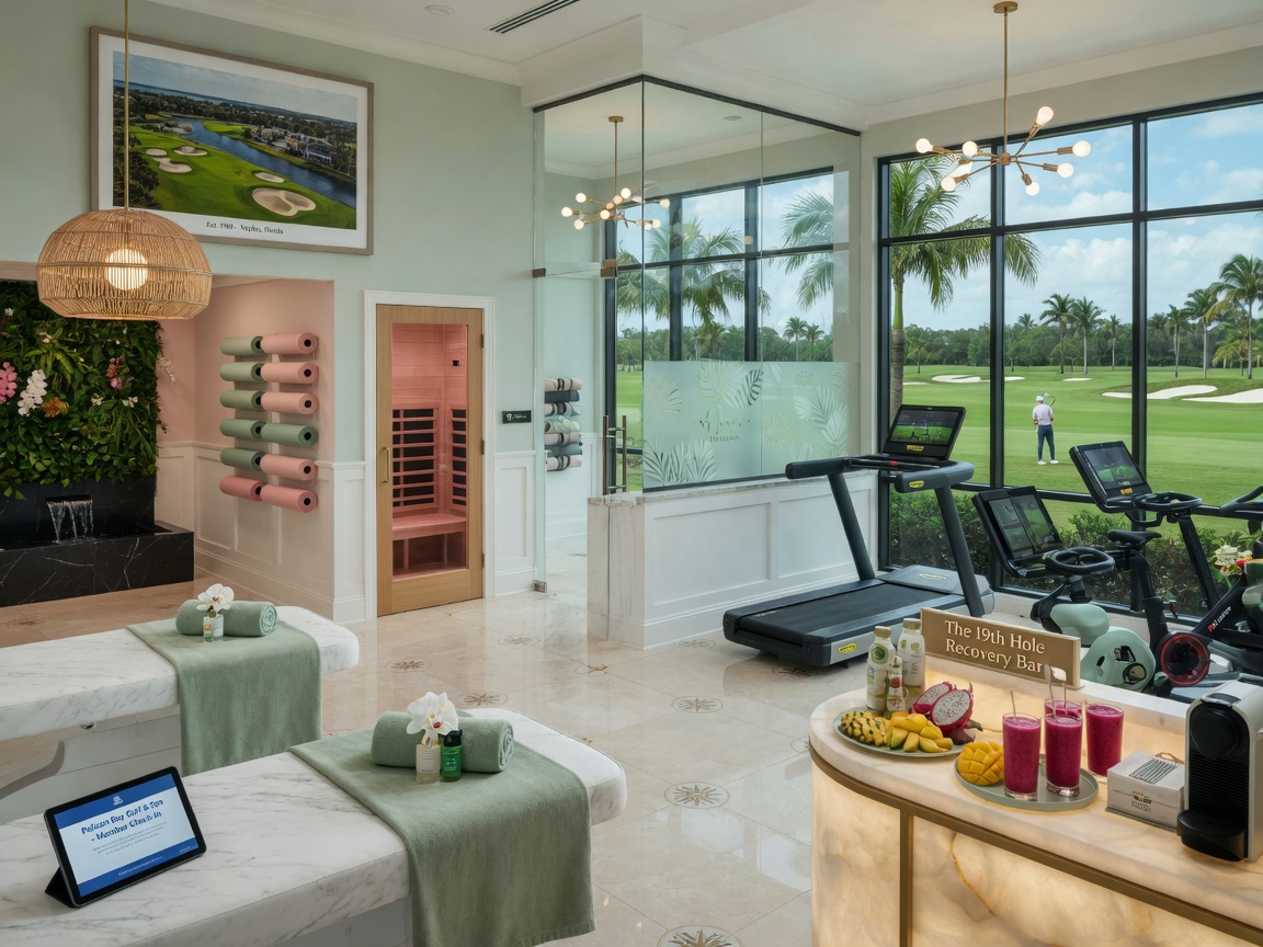 Photorealistic 8K image of state-of-the-art fitness center and spa interior in a Naples Florida golf community