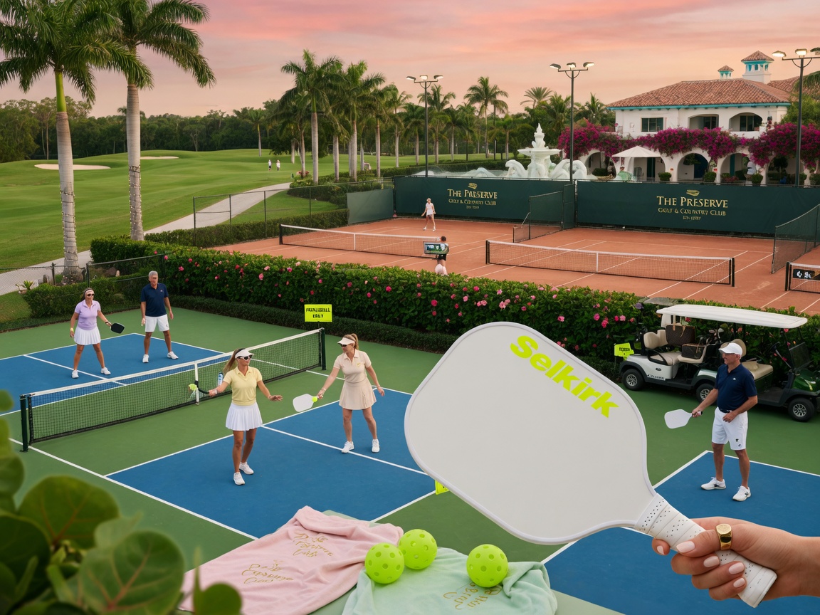 8K ultra-realistic view of pickleball courts and tennis facilities in an upscale Florida golf course community