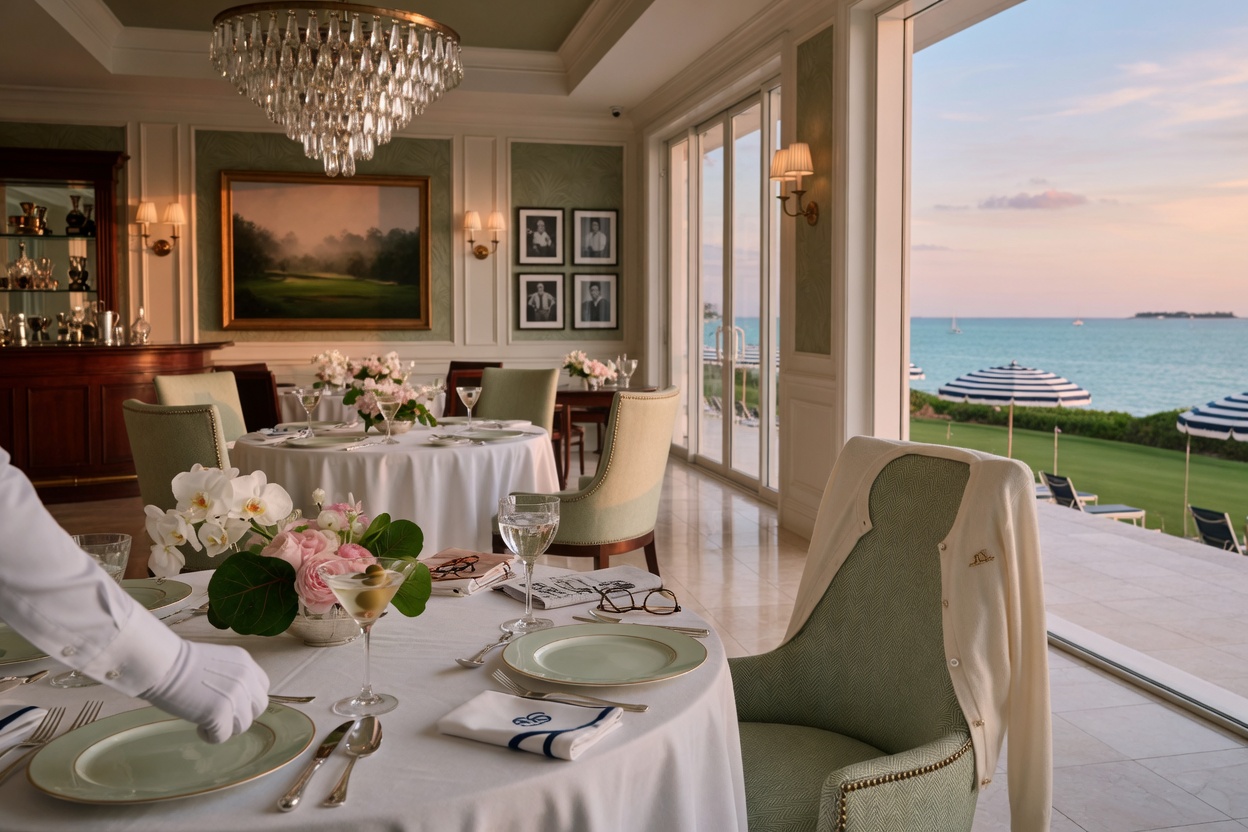 Detailed 8K photo of elegant dining room inside a private golf club clubhouse with ocean views in Naples FL