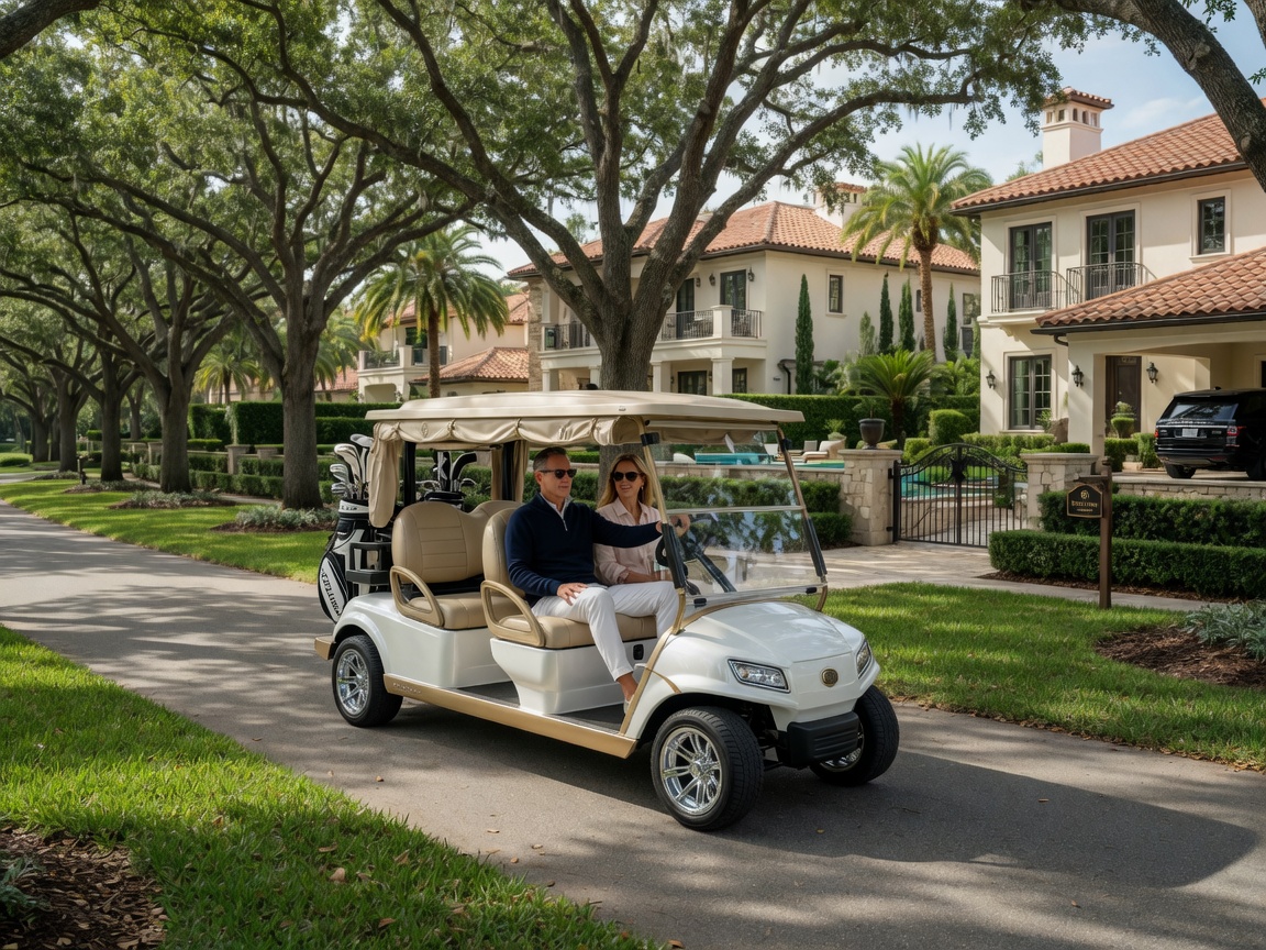 Ultra-realistic 8K image of a luxury golf cart driving along tree-lined path with high-end homes visible