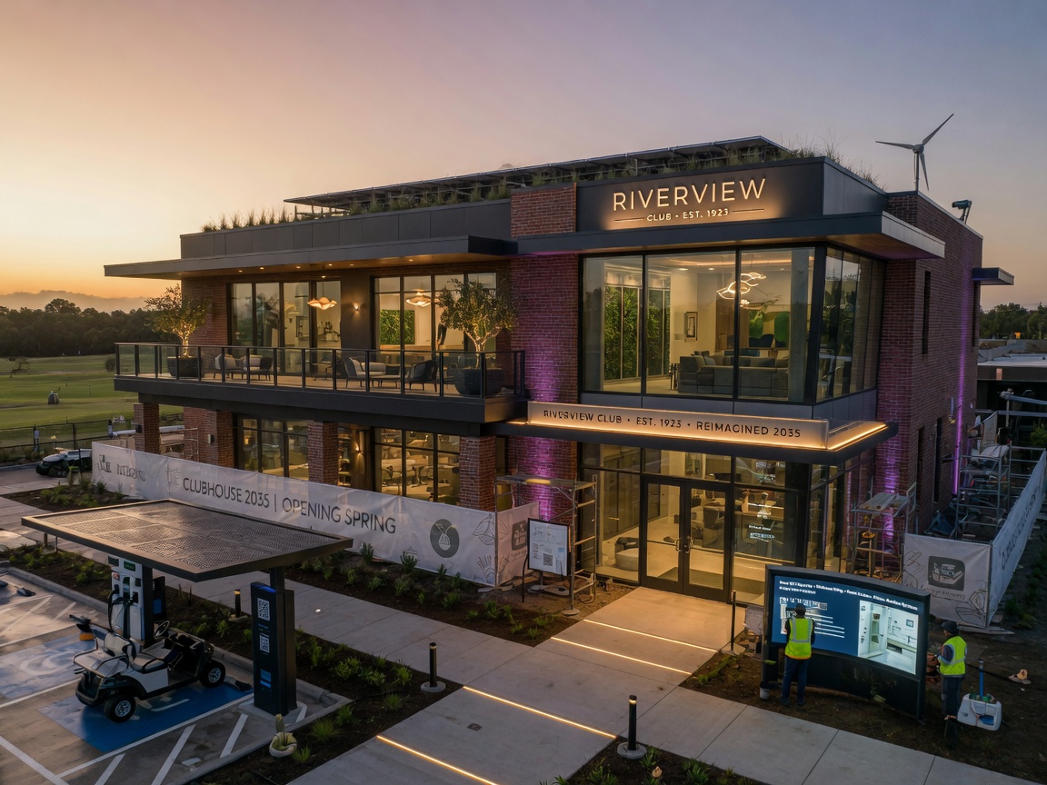 8K photorealistic rendering of future infrastructure upgrades showing modernized clubhouse renovation concept