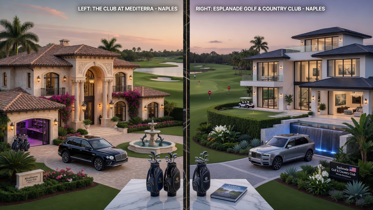 Ultra-detailed 8K photograph comparing side-by-side luxury homes from different Naples golf communities