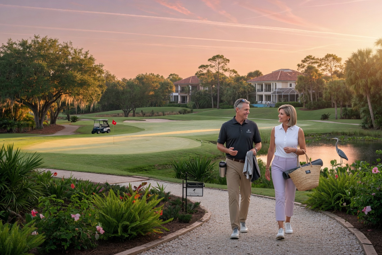 Photorealistic 8K image of executive couple walking along nature trail in a Bonita Springs golf community at sunrise