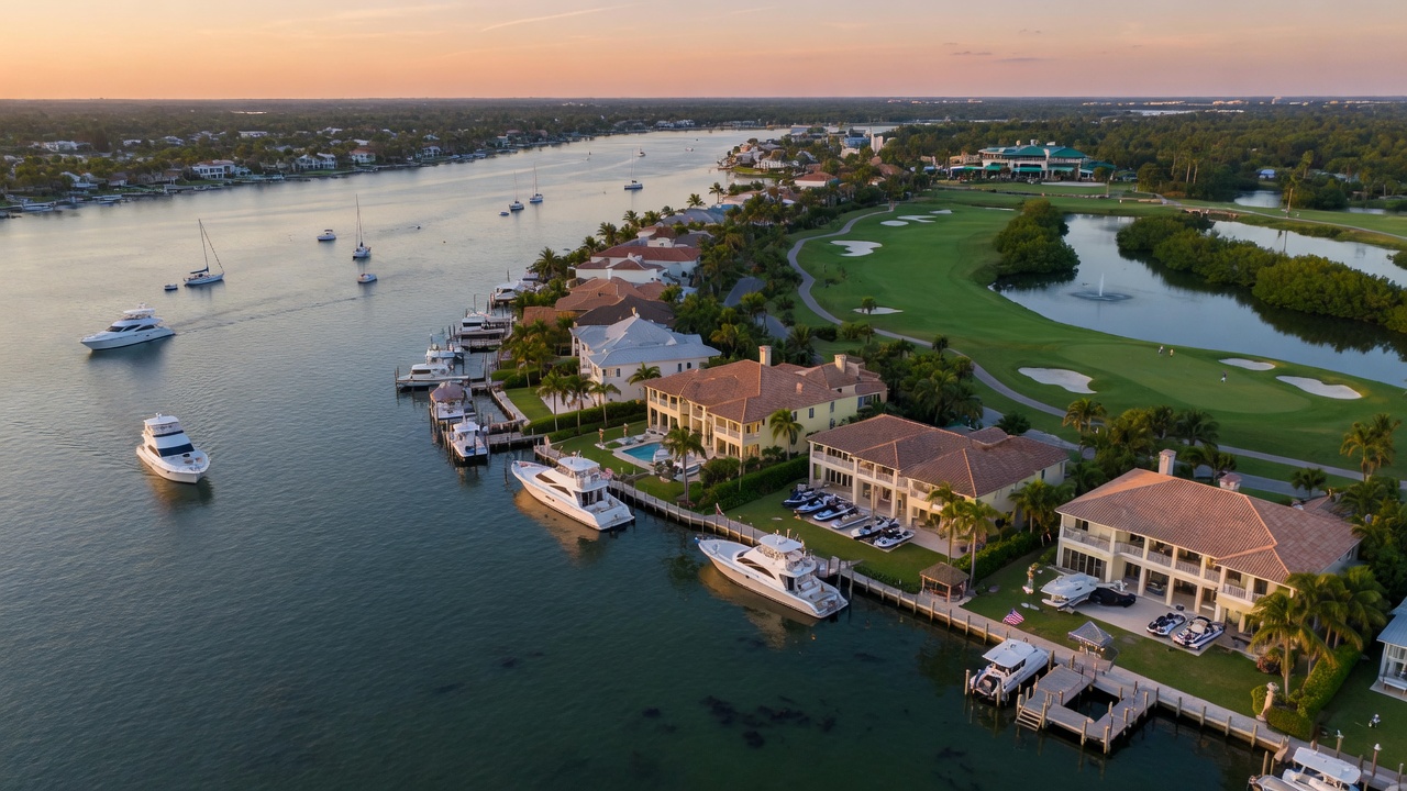 8K ultra-realistic aerial perspective of waterfront homes and golf course in Bonita Bay with boats on the bay