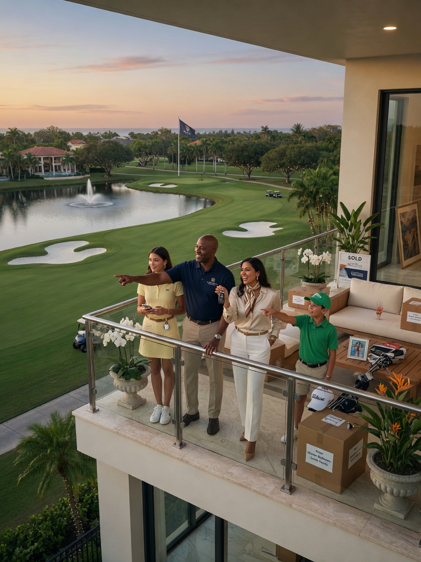 Detailed 8K photo of a relocating executive family standing on the balcony of their new luxury home overlooking a championship golf course in Naples Florida