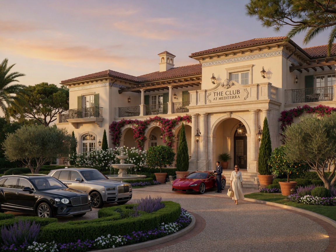 8K photorealistic image of Mediterranean-style clubhouse at The Club at Mediterra with elegant landscaping and luxury cars in front