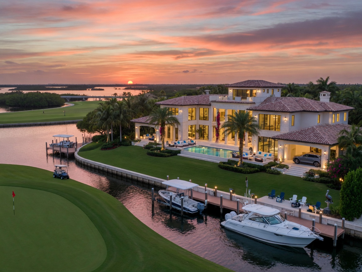 Ultra-detailed 8K photograph of a multimillion-dollar waterfront estate on a golf course in Bonita Bay with private boat dock at sunset
