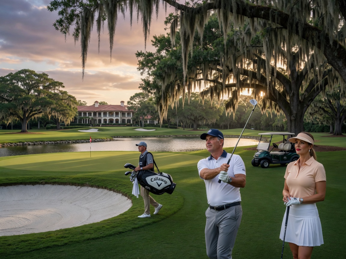 Photorealistic 8K image of golfers on a championship course at Olde Cypress Naples with Spanish moss draped live oaks