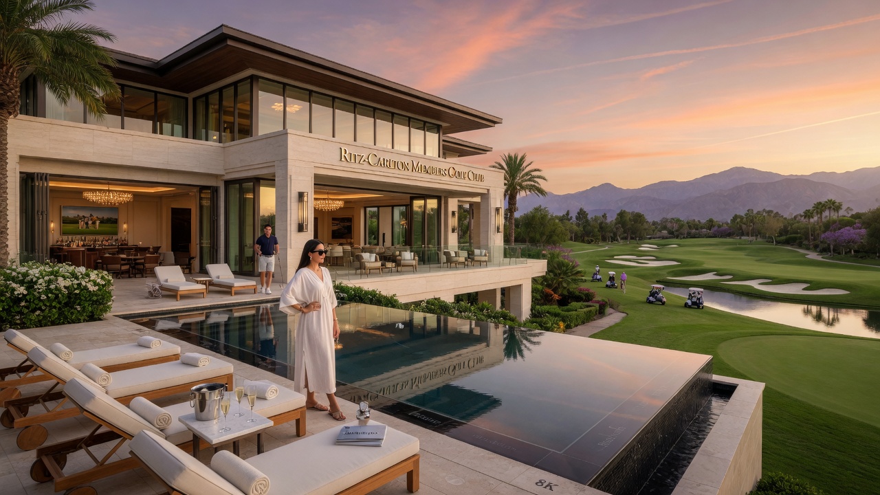 8K ultra-realistic rendering of the luxurious Ritz-Carlton Members Golf Club clubhouse with infinity pool overlooking the course