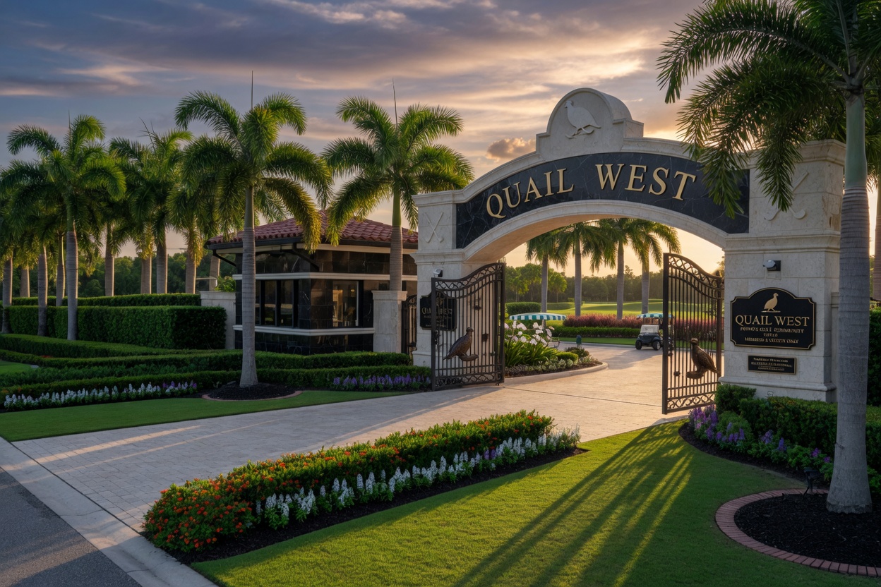 Detailed 8K photo of Quail West golf community entrance gate with dramatic lighting and manicured landscaping