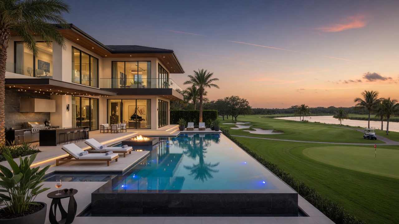 Ultra-realistic 8K image of modern luxury home with pool overlooking the golf course at Esplanade Golf and River Club