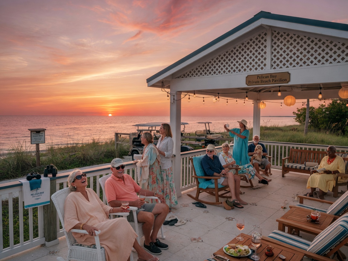 Ultra-detailed 8K photograph of residents enjoying sunset at a private beach pavilion in Pelican Bay community