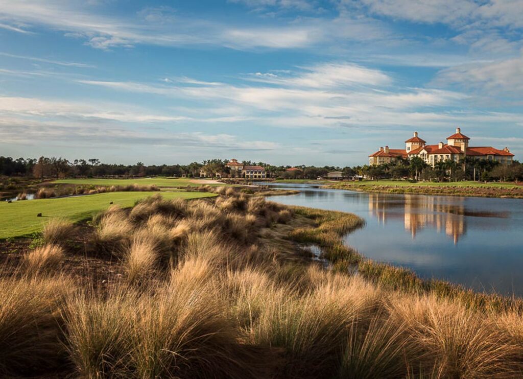 Wide aerial 8K view of the two Greg Norman courses winding through 600 acres of Tiburón with fairways, water features, and luxury homes visible, golden hour, ultra-sharp real estate photography