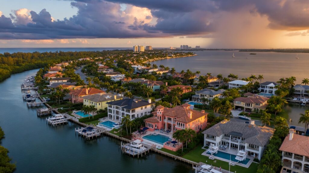Ultra-realistic 8K aerial photograph of luxury waterfront homes along Pelican Bay in Naples Florida during golden hour with visible storm clouds on the horizon, high detail, cinematic lighting