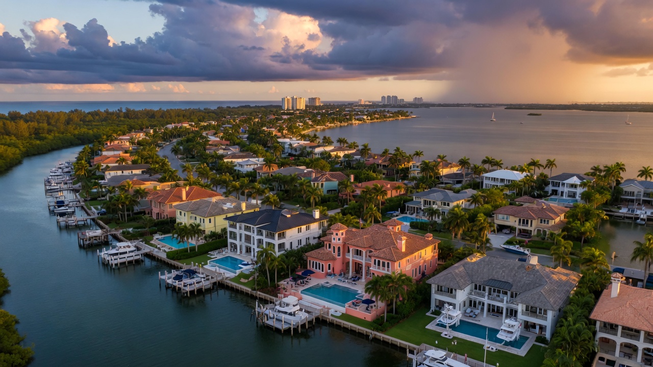 Ultra-realistic 8K aerial photograph of luxury waterfront homes along Pelican Bay in Naples Florida during golden hour with visible storm clouds on the horizon, high detail, cinematic lighting