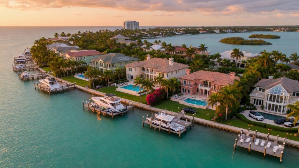 Ultra-realistic 8K aerial photograph of luxury waterfront estates along Naples Florida coastline at golden hour with turquoise water and private docks, cinematic lighting, architectural photography