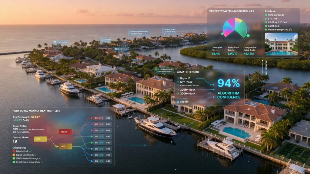Ultra-realistic 8K aerial photograph of luxury waterfront estates in Port Royal Naples Florida at golden hour with AI digital overlays showing property data analytics and matching algorithms, cinematic lighting, highly detailed