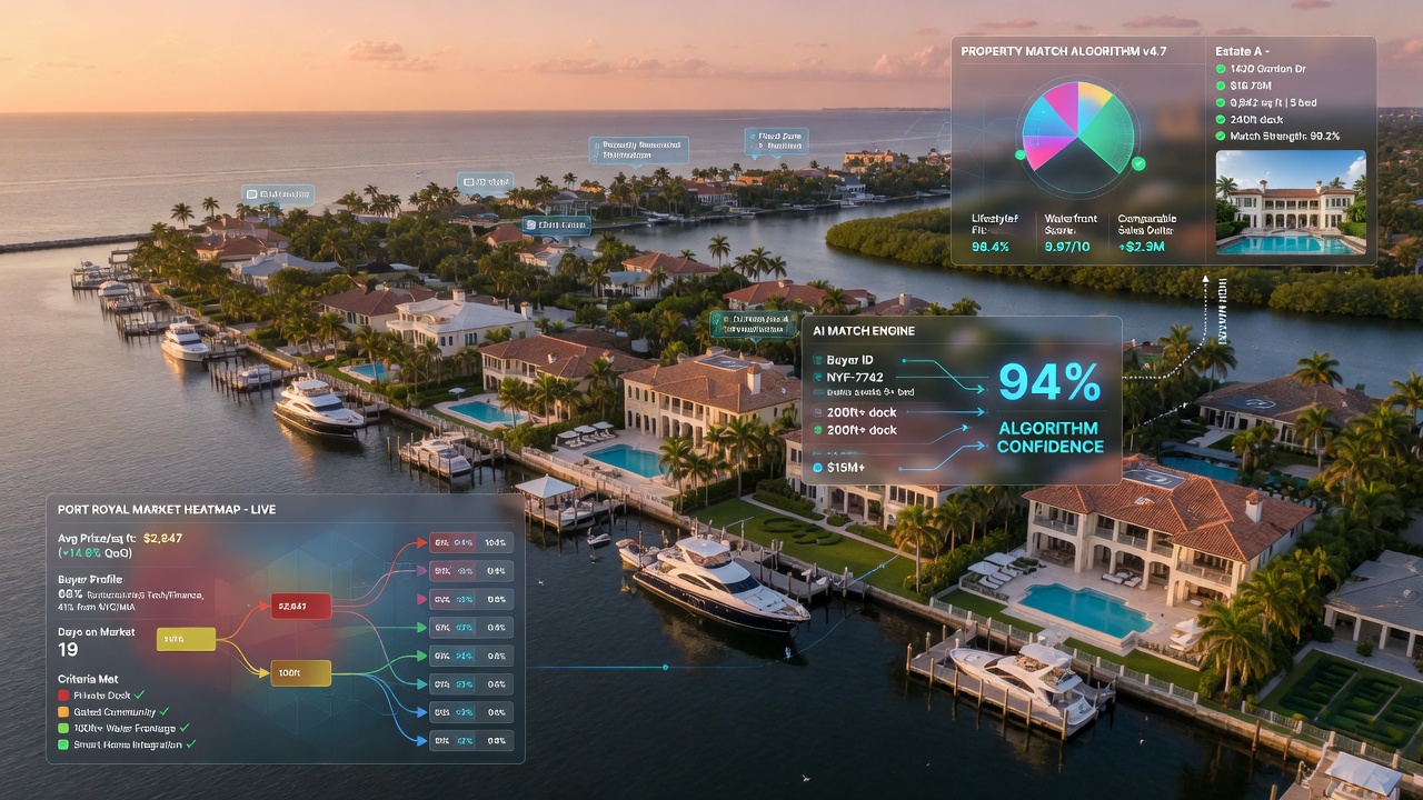 Ultra-realistic 8K aerial photograph of luxury waterfront estates in Port Royal Naples Florida at golden hour with AI digital overlays showing property data analytics and matching algorithms, cinematic lighting, highly detailed