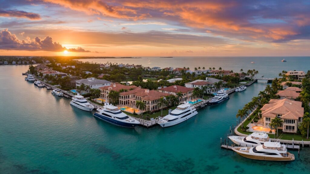Ultra-realistic 8K aerial photograph of Naples Florida waterfront mansions along the Gulf of Mexico at golden hour with luxury yachts docked, crystal clear turquoise water, dramatic sky, Port Royal community visible, photorealistic detail