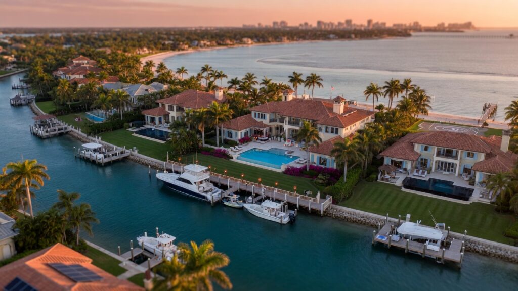 Ultra-realistic 8K aerial photograph of luxurious waterfront estates along the Gulf of Mexico in Naples Florida at golden hour with private docks and infinity pools
