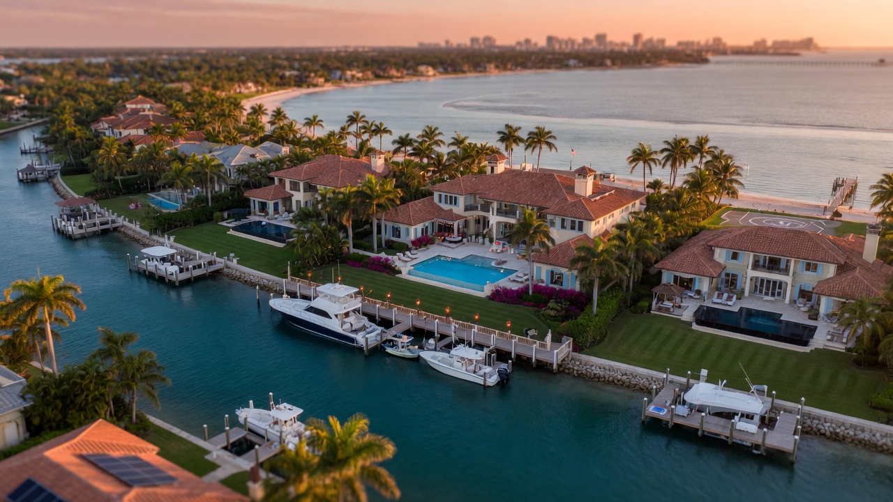 Ultra-realistic 8K aerial photograph of luxurious waterfront estates along the Gulf of Mexico in Naples Florida at golden hour with private docks and infinity pools