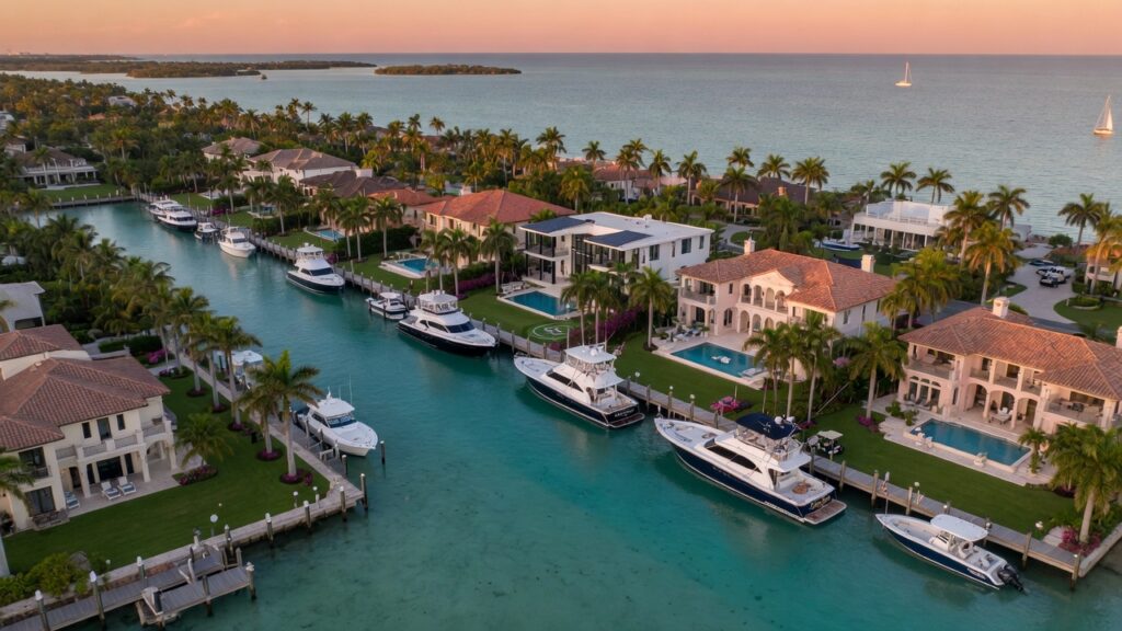 Ultra-realistic 8K aerial photograph of luxurious waterfront estates along Naples Florida coastline at golden hour with boats docked at private piers, crystal clear turquoise water, palm trees lining the properties, high-end architecture visible