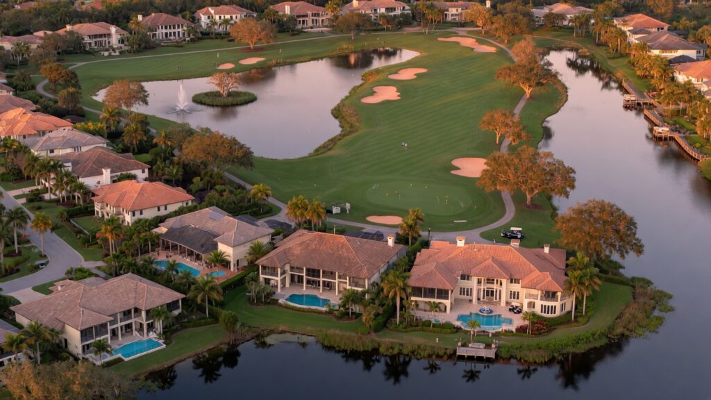 Ultra-realistic 8K aerial photograph of luxurious homes in Naples Florida 34119 zip code during golden hour with golf course and lakes visible, cinematic lighting, sharp detail, investment real estate photography style