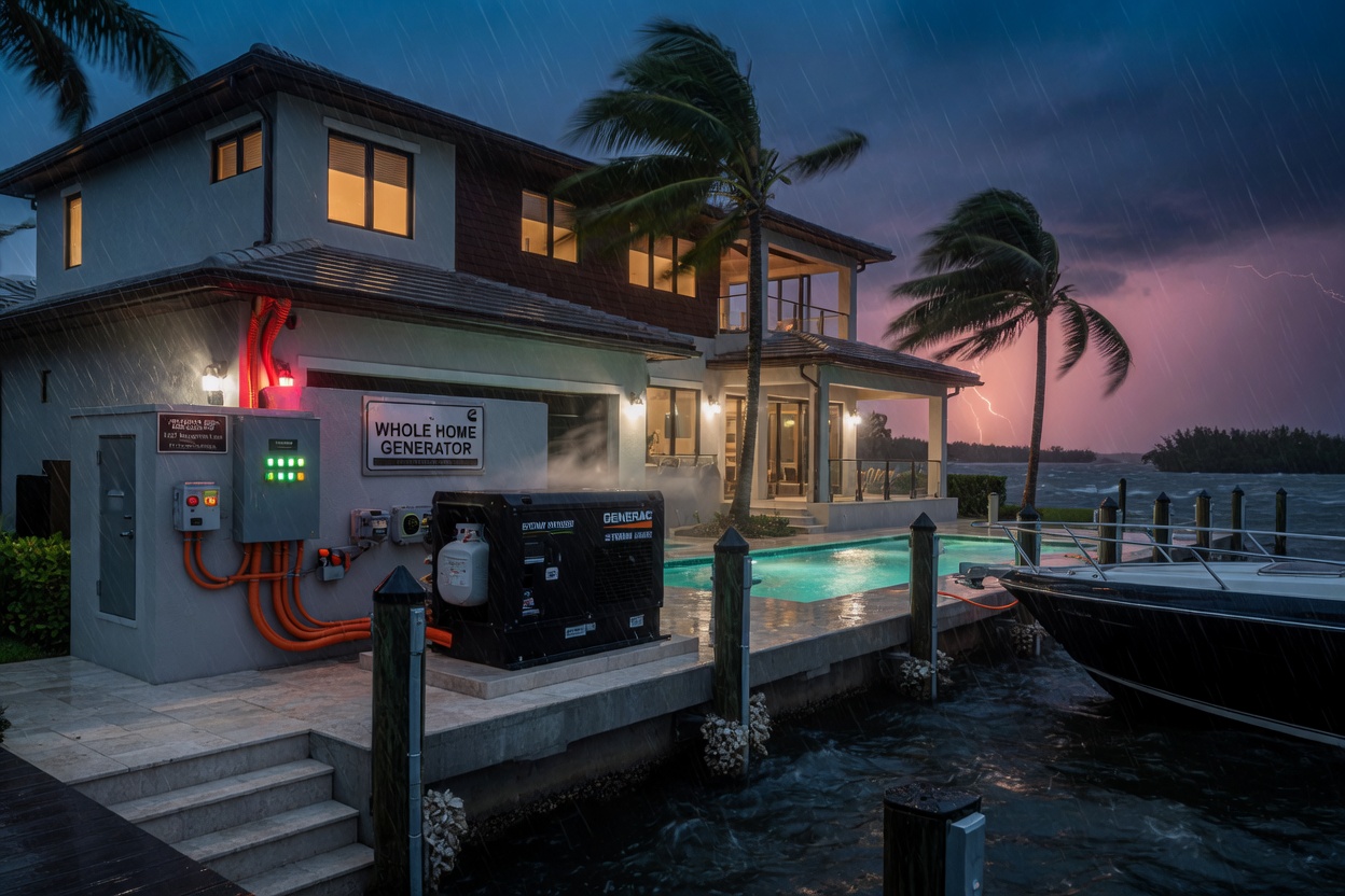 Nighttime 8K ultra-realistic photograph of a Pelican Bay waterfront home with whole-home generator and hardened electrical systems during a power outage from tropical storm