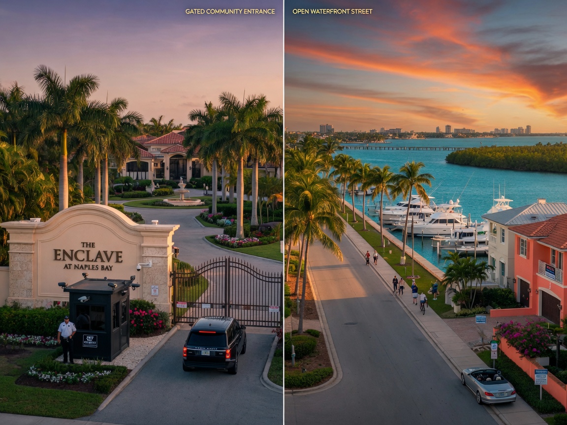 Ultra-realistic 8K comparison split image showing gated community entrance versus open waterfront street in Naples Florida real estate