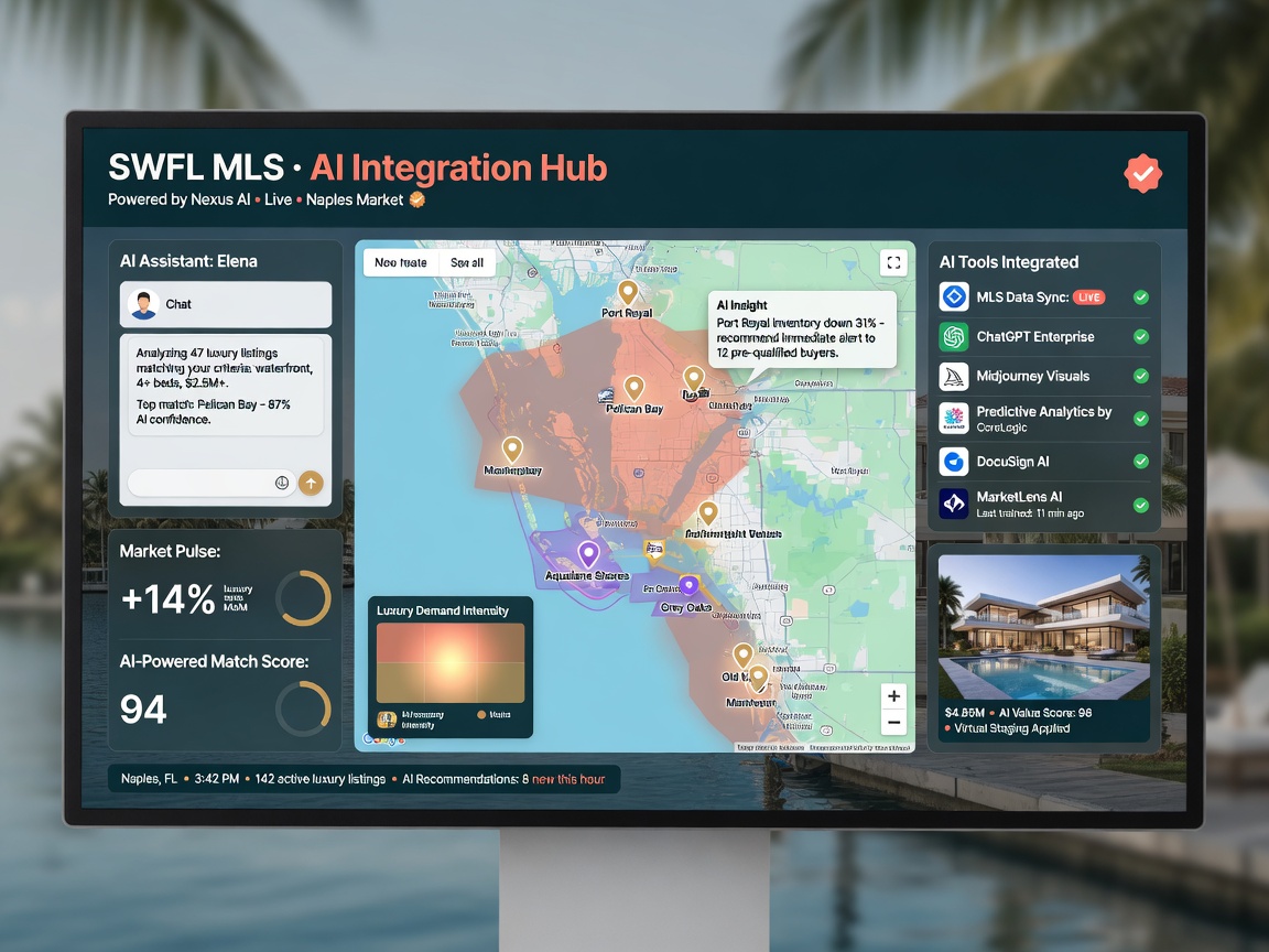 Professional AI tools integration concept with Southwest Florida MLS system, clean modern interface with Naples map highlighting luxury communities, 8K resolution