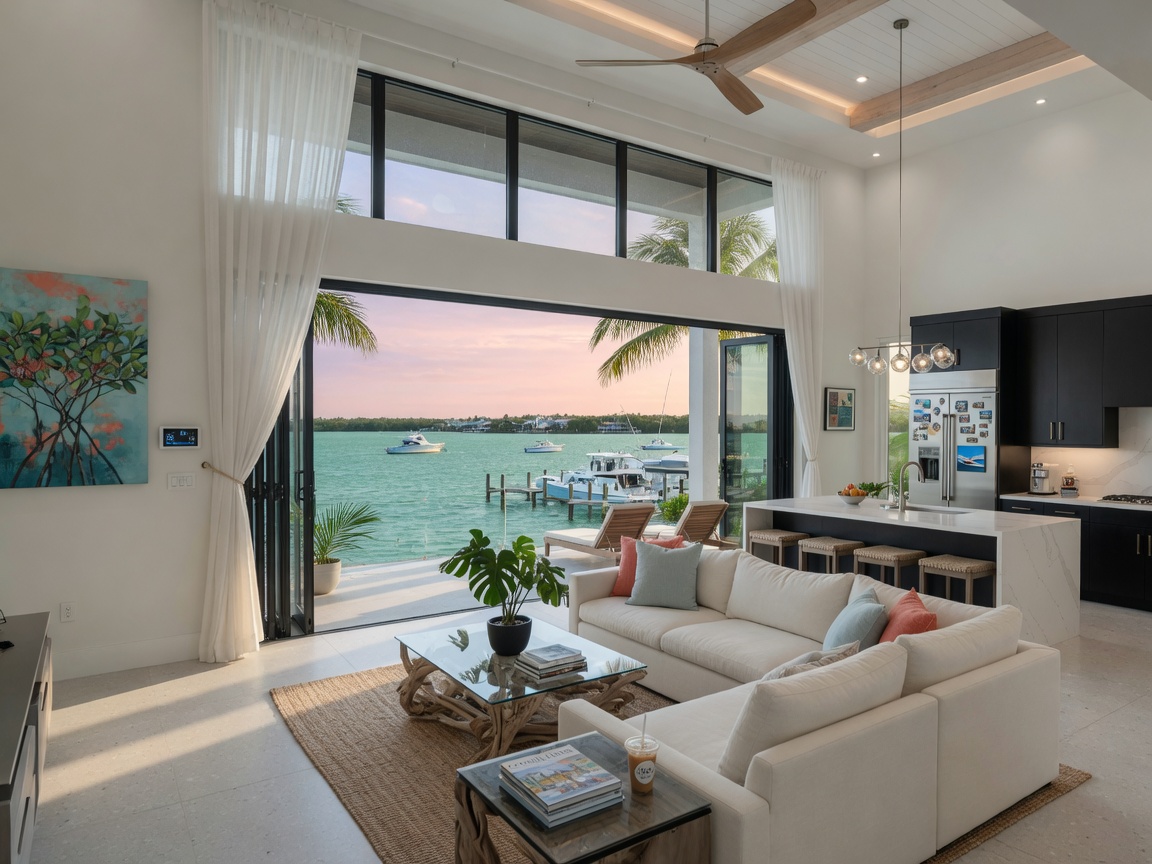 Ultra-realistic 8K image of new climate resilient waterfront home interior in Naples with open floor plan, high ceilings, hurricane impact doors open to spectacular water view, luxurious modern design