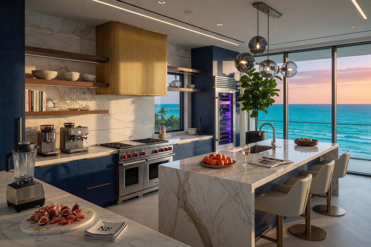 Detailed 8K visualization of a modern Naples Florida kitchen interior in a $5 million luxury home featuring high-end appliances and ocean views