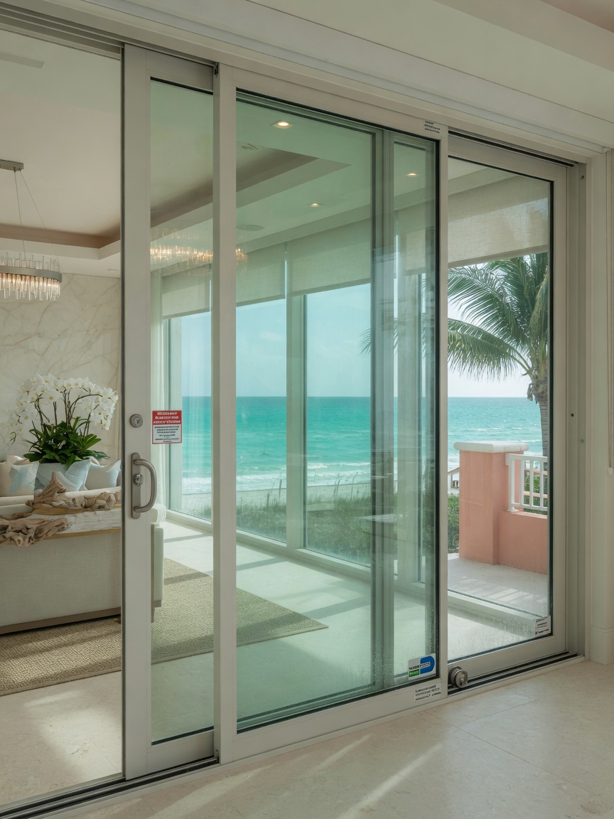 Detailed view of Miami-Dade approved impact-rated sliding glass doors installed in a high-end Naples Florida beachfront residence, natural light, 8K resolution
