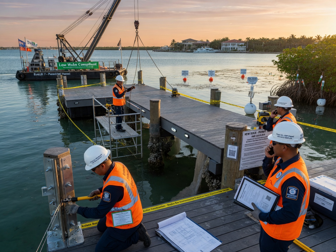 Detailed 8K photograph of marine contractors installing a new environmentally compliant dock in Naples Bay under strict permitting regulations