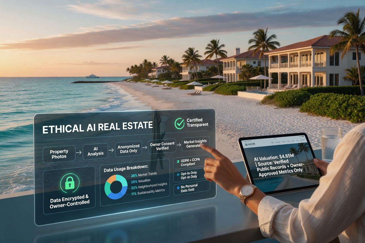 Ethical AI in real estate concept showing transparent data usage with Naples beach and luxury homes in background, balanced composition, photorealistic 8K image