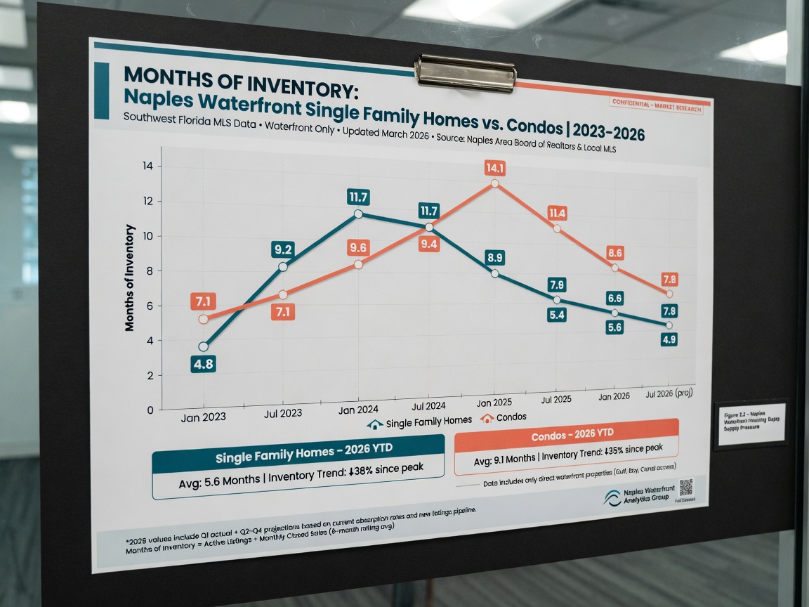 Ultra-realistic 8K chart comparing months of inventory for Naples waterfront single family homes versus condos from 2023-2026, professional market research visualization