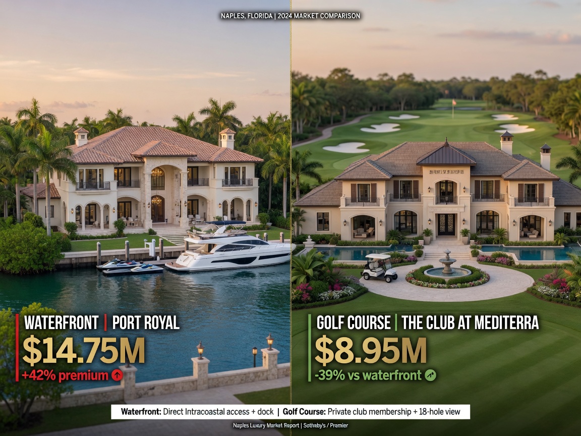 Ultra-realistic 8K image comparing side-by-side luxury homes in Naples one waterfront and one golf course community showing price difference indicators