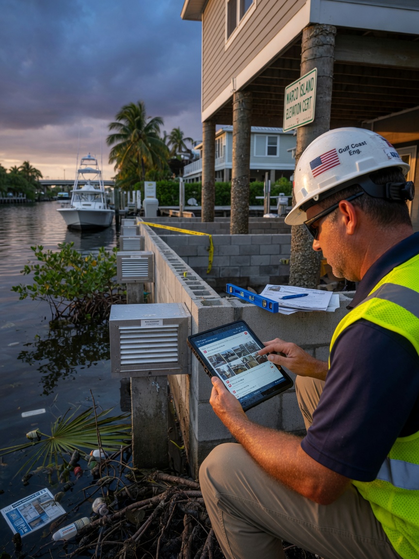Engineer using tablet to document flood vent installations in a raised waterfront foundation in Marco Island, technical and realistic 8K image