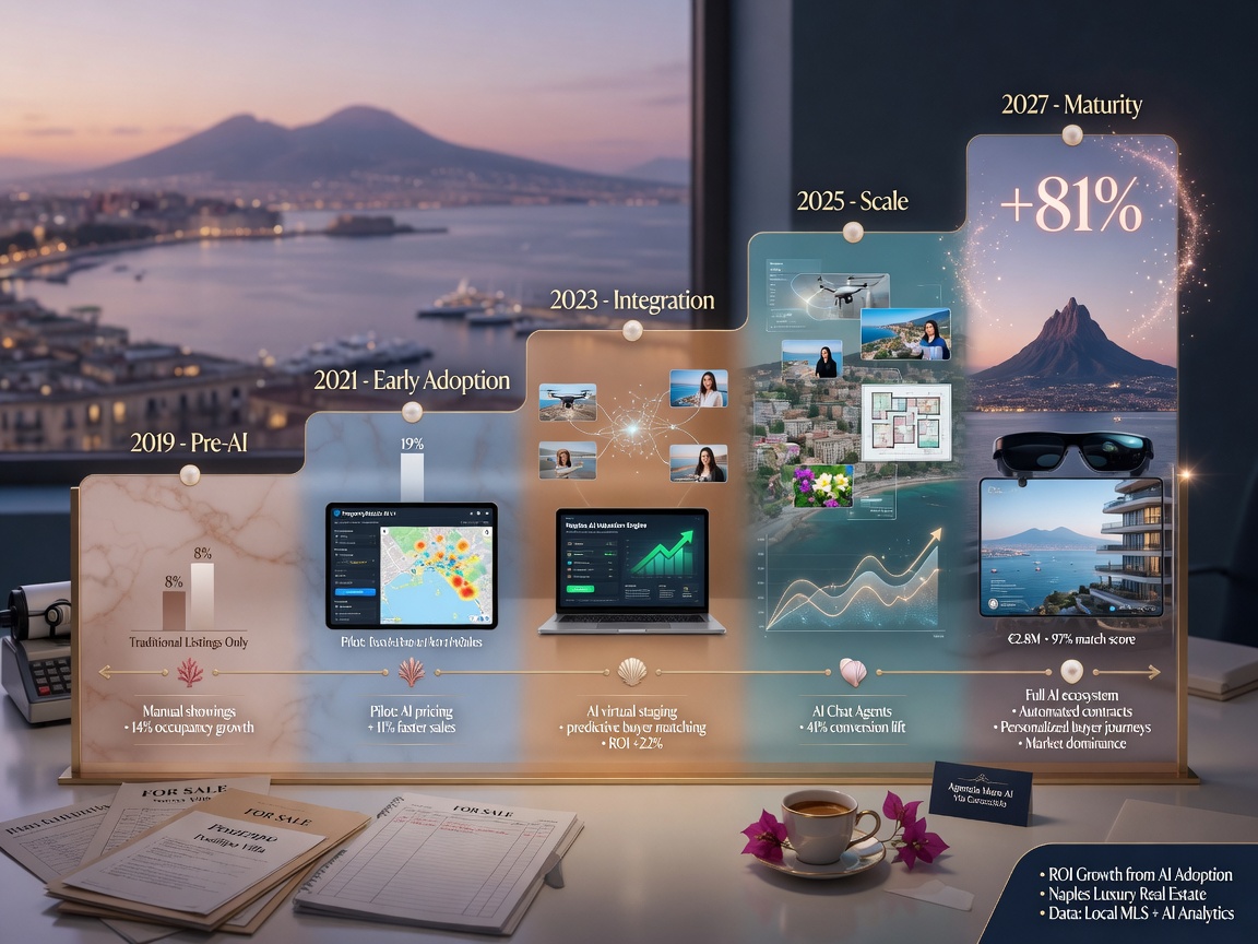 Time-lapse style image showing ROI growth timeline for AI adoption in Naples real estate business, elegant infographic style with coastal elements, 8K ultra sharp