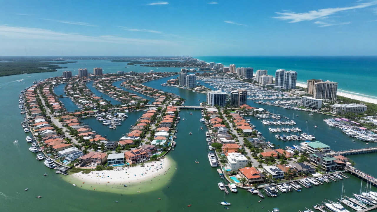 Ultra-realistic 8K aerial photograph of Marco Island and Naples waterfront communities side by side showing density and water access points, bright sunny day, high detail