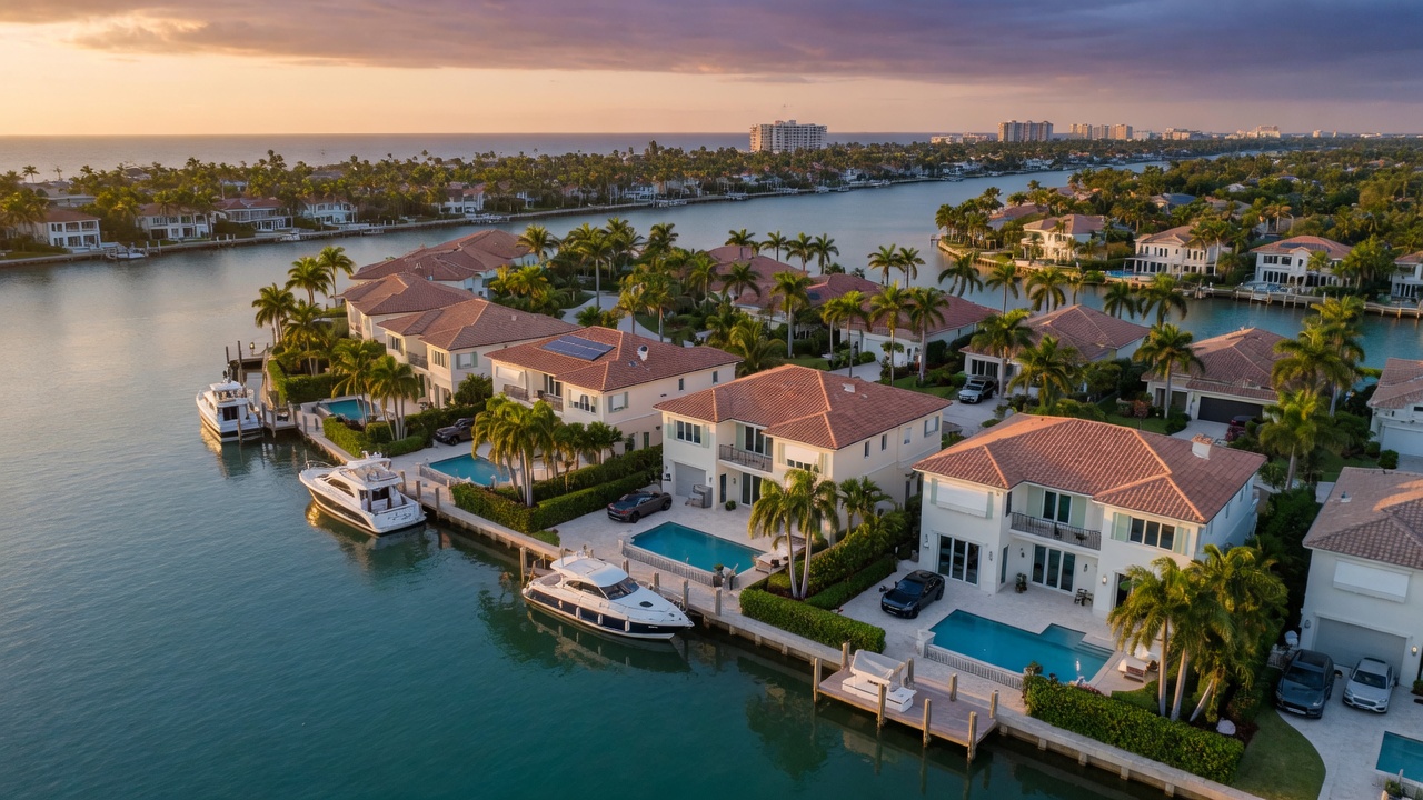 Luxury waterfront community in Naples FL showing multiple homes with consistent hurricane mitigation upgrades, aerial perspective, photorealistic 8K