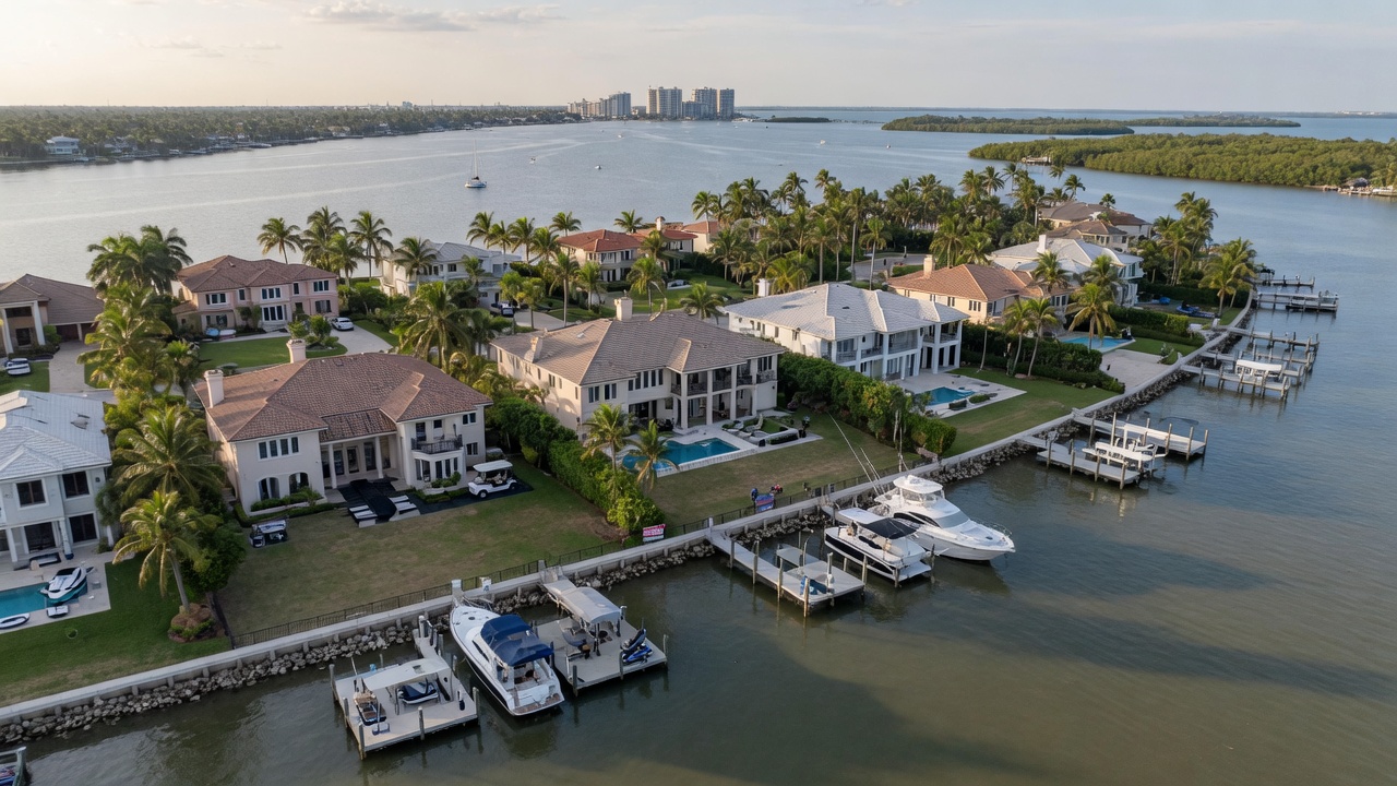 Ultra-realistic 8K aerial shot of low-inventory luxury waterfront homes in Park Shore Naples Florida with visible seawalls and boat docks
