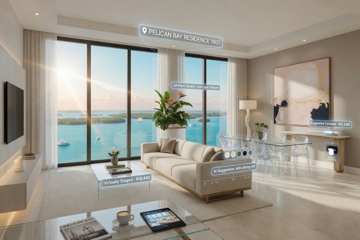 Luxury Pelican Bay condominium interior with AI virtual staging elements floating in augmented reality, morning light through floor-to-ceiling windows, 8K photorealistic