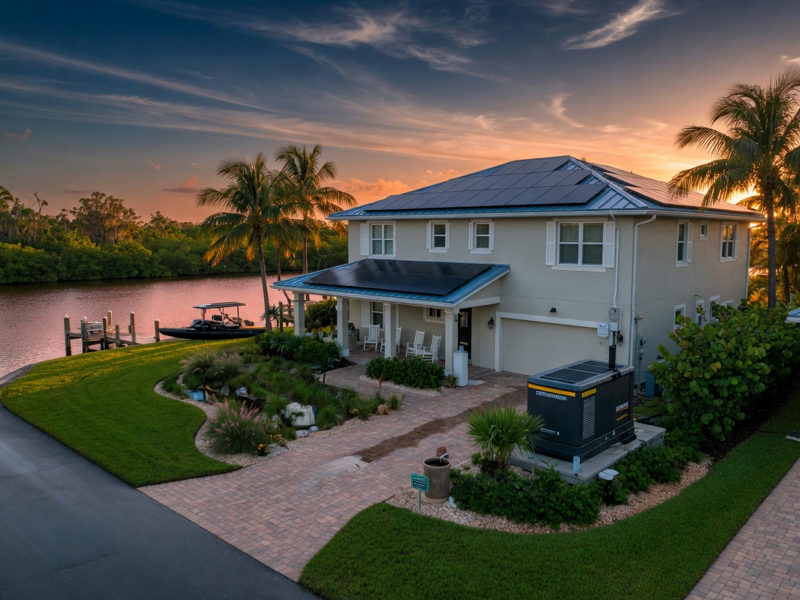 Ultra-realistic 8K image of waterfront home with whole house generator, solar panels, and green infrastructure for stormwater management in Coquina Sands Naples, lifestyle photography