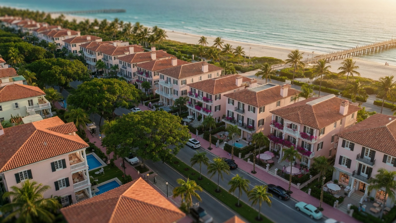 8K cinematic aerial shot of the historic Old Naples district showcasing luxury homes tree-lined streets and proximity to the beach