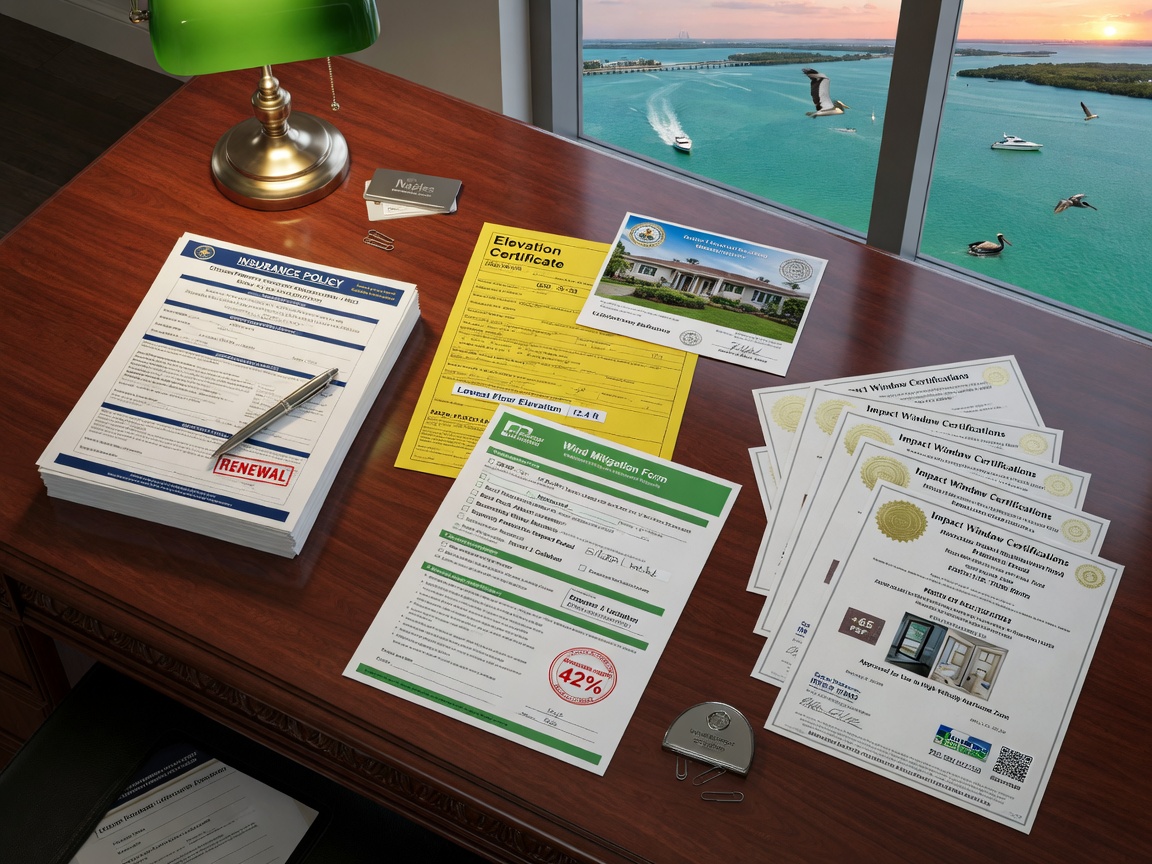 Insurance policy documents, elevation certificate, wind mitigation form, and impact window certifications arranged professionally on a mahogany desk overlooking Naples Bay, 8K detail
