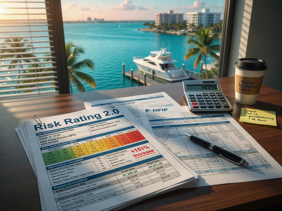 8K cinematic photograph of Risk Rating 2.0 flood insurance documents and premium calculations on a desk with Naples waterfront view in background