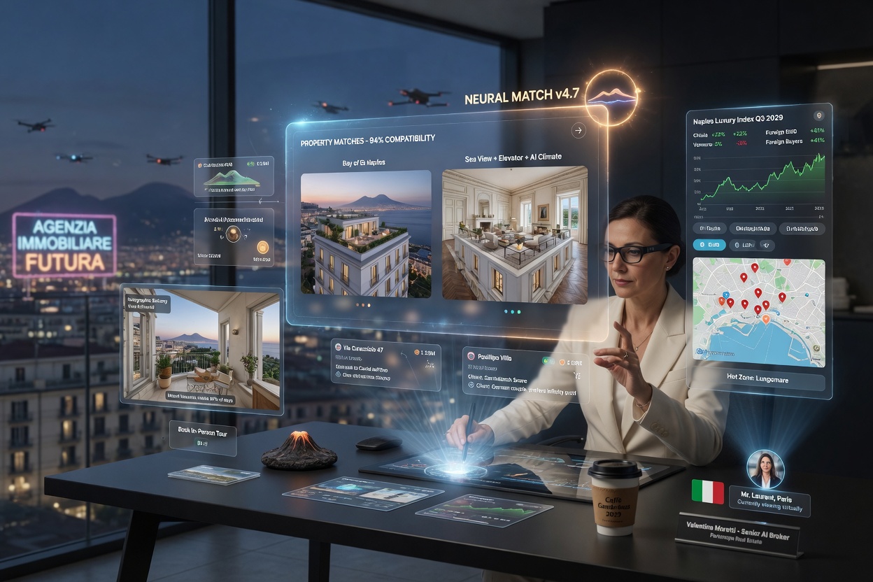Futuristic Naples real estate agent workspace with multiple AI holographic displays showing property matches, market data and virtual tours, 8K cinematic quality